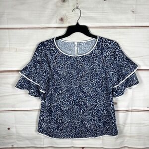 NY Collection Leopard Blouse Women XL Blue Flutter Tiered Sleeve Top Office Wear